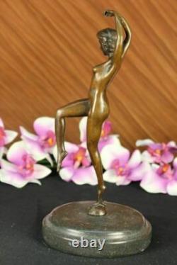 Signed Art Deco Dancer Girl Bronze Statue on Marble Base Large Figurine