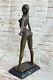 Signed Art Deco Female Bronze Sculpture Statue On Marble Base