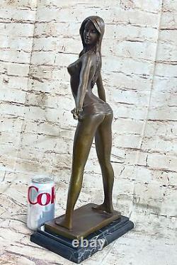 Signed Art Deco Female Bronze Sculpture Statue on Marble Base