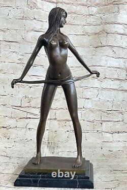 Signed Art Deco Female Bronze Sculpture Statue on Marble Base