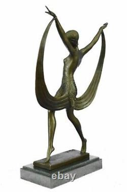 Signed Art Deco Nu Girl Dancer Fayral Bronze Statue Marble Base Large