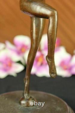 Signed Art Deco Nude Girl Dancer Bronze Statue Large Marble Base Figurine Decor
