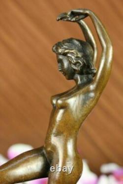 Signed Art Deco Nude Girl Dancer Bronze Statue Large Marble Base Figurine Decor