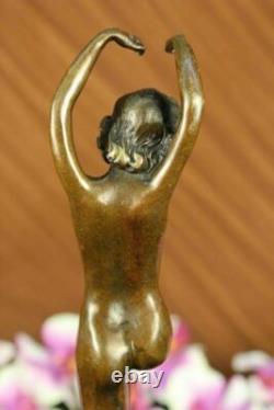 Signed Art Deco Nude Girl Dancer Bronze Statue Large Marble Base Figurine Decor