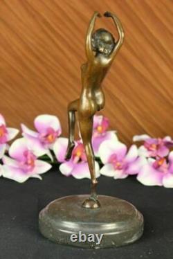 Signed Art Deco Nude Girl Dancer Bronze Statue Large Marble Base Figurine Decor