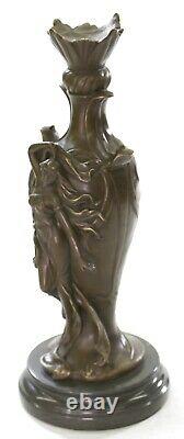 Signed Art Deco Sexy Woman By Cheret Bronze Sculpture Marble Base Case