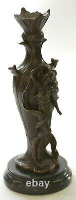 Signed Art Deco Sexy Woman By Cheret Bronze Sculpture Marble Base Case