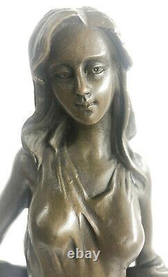 Signed Art Deco Young Woman With Fruit Baskets Bronze Marble Statue Figure