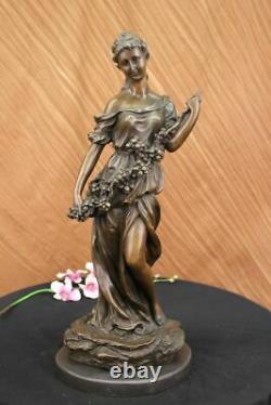 Signed Art Deco Young Woman With Long Tige Fruit Bronze Marble Statue Gift