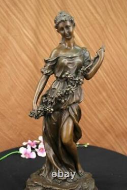 Signed Art Deco Young Woman With Long Tige Fruit Bronze Marble Statue Gift