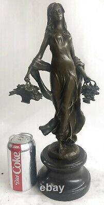 Signed Art Deco Young Woman with Fruit Baskets Bronze Marble Statue Figurine