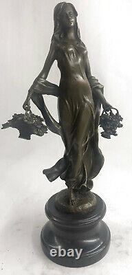 Signed Art Deco Young Woman with Fruit Baskets Bronze Marble Statue Figurine