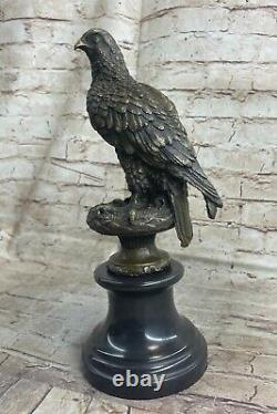 Signed Art Hawk American Bird Eagle Bronze Sculpture Figure Marble Base