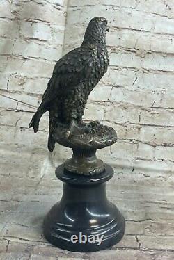 Signed Art Hawk American Bird Eagle Bronze Sculpture Figure Marble Base