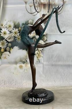 Signed Artisanal Bronze Statue Art Deco Gymnast Sculpture on Marble Base