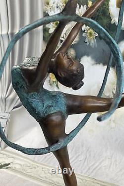 Signed Artisanal Bronze Statue Art Deco Gymnast Sculpture on Marble Base