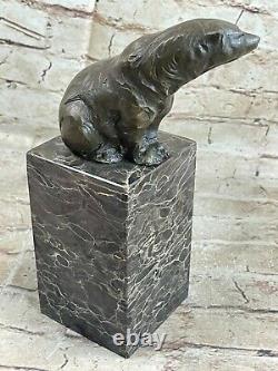 Signed Assis Polar Bear Bronze Book Fin Deco Marble Sculpture