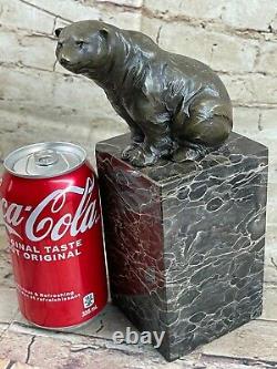 Signed Assis Polar Bear Bronze Book Fin Deco Marble Sculpture From