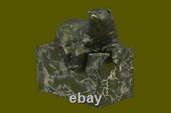 Signed Assis Polar Bear Bronze Book Fin Deco Marble Sculpture Statue