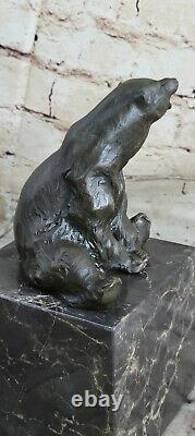 Signed Assis Polar Bear Bronze Serre-books Book Fin Deco Marble Sculpture From