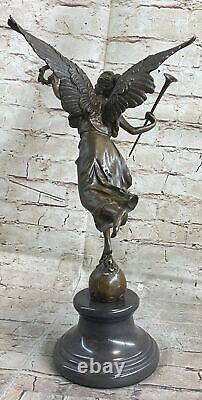 Signed Barrias Great Charming Angel Standing On Rock Bronze Marble Sculpture Dec