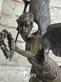 Signed Barrias Great Charming Angel Standing On Rock Bronze Marble Sculpture Dec