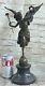 Signed Barrias Large Charming Standing Angel On Rock Bronze Marble Sculpture Dec