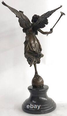 Signed Barrias Large Charming Standing Angel on Rock Bronze Marble Sculpture Dec