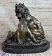 Signed Barye African Lion With / Family Bronze Sculpture Art Deco Marble