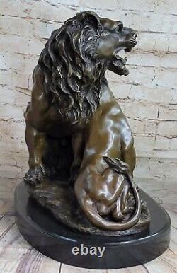 Signed Barye African Lion With / Family Bronze Sculpture Art Deco Marble Nr