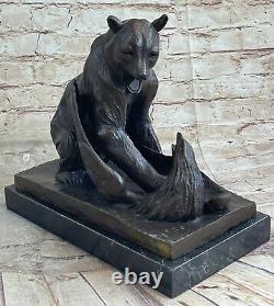 Signed Barye Attacking Bear Eagle Bronze Sculpture Marble Figurine Base Opens