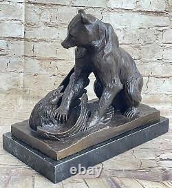 Signed Barye Bear Attacker Eagle Bronze Sculpture Marble Figurine Base Opener