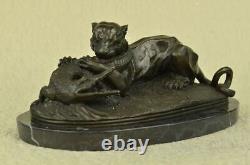 Signed Barye Black Panther Attacking Alligator Bronze Marble Sculpture Statue