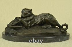 Signed Barye Black Panther Attacking Alligator Bronze Marble Sculpture Statue