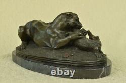 Signed Barye Black Panther Attacking Alligator Bronze Marble Sculpture Statue