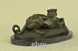 Signed Barye Black Panther Attacking Alligator Bronze Marble Sculpture Statue