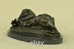 Signed Barye Black Panther Attacking Alligator Bronze Marble Sculpture Statue