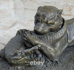 Signed Barye Black Panther Attacking Alligator Bronze Marble Sculpture Statue Nr