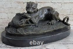 Signed Barye Black Panther Attacking Alligator Bronze Marble Sculpture Statue Nr