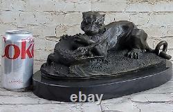 Signed Barye Black Panther Attacking Alligator Bronze Marble Sculpture Statue Nr