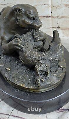 Signed Barye Black Panther Attacking Alligator Bronze Marble Sculpture Statue Nr