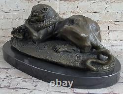 Signed Barye Black Panther Attacking Alligator Bronze Marble Sculpture Statue Nr