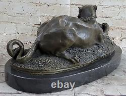 Signed Barye Black Panther Attacking Alligator Bronze Marble Sculpture Statue Nr