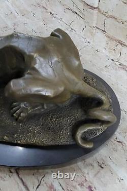 Signed Barye Black Panther Attacking Alligator Bronze Marble Sculpture Statue Nr