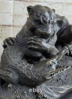 Signed Barye Black Panther Attacking Alligator Bronze Marble Sculpture Statue Nr