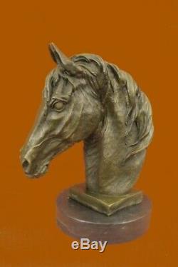 Signed Barye Bronze Bust Unique Horse Head Sculpture Marble Base Statue Fonte