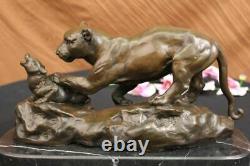 Signed Barye Jaguar Bronze Attacks Statue Marble Figure Base Sculpture Deco