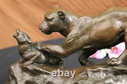 Signed Barye Jaguar Bronze Attacks Statue Marble Figure Base Sculpture Deco