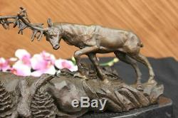 Signed Barye Large Two Reindeer Antler Deer Bronze Sculpture Figurine Marble Base