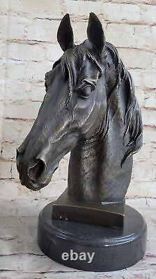 Signed Barye Unique Bronze Horse Head Bust Sculpture Marble Base Statue Figure